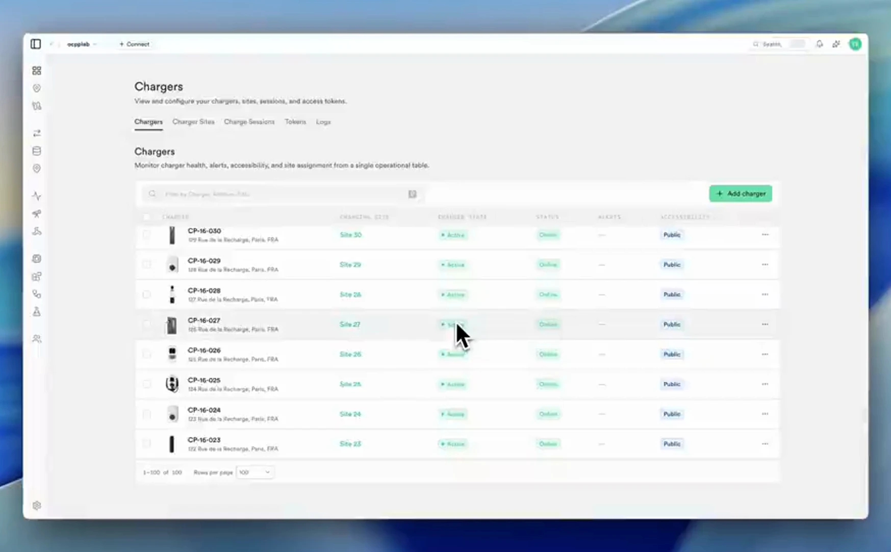 ev-cloud charger list with connectivity and protocol status